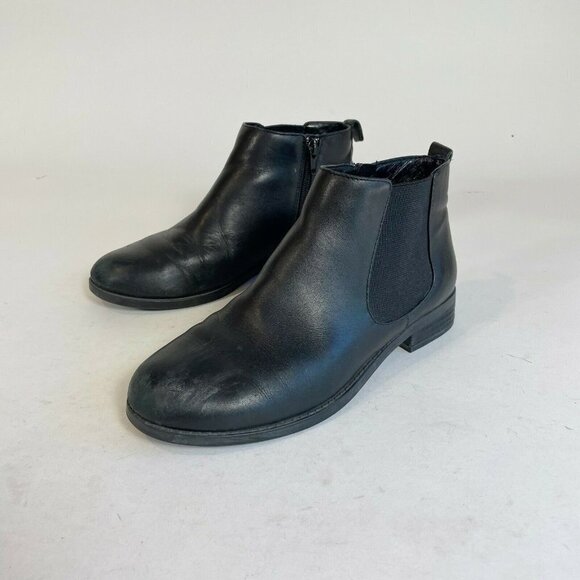 Vionic Womens Nadelle Chelsea Bootie Stacked Heels Black Sz 6 Leather Side Zip - Picture 1 of 9
